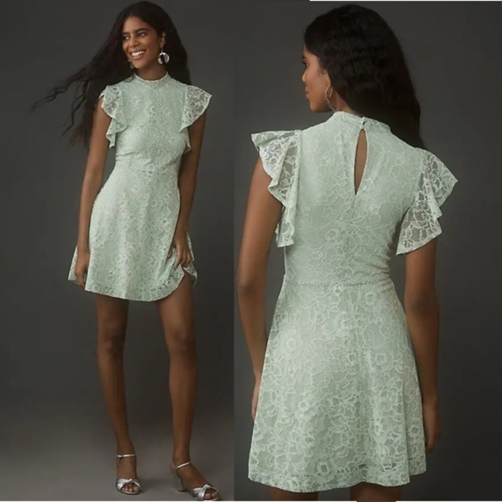 NEW Anthropologie Maeve Sleeveless Mock-Neck Mini Dress Lace Light Mint Green